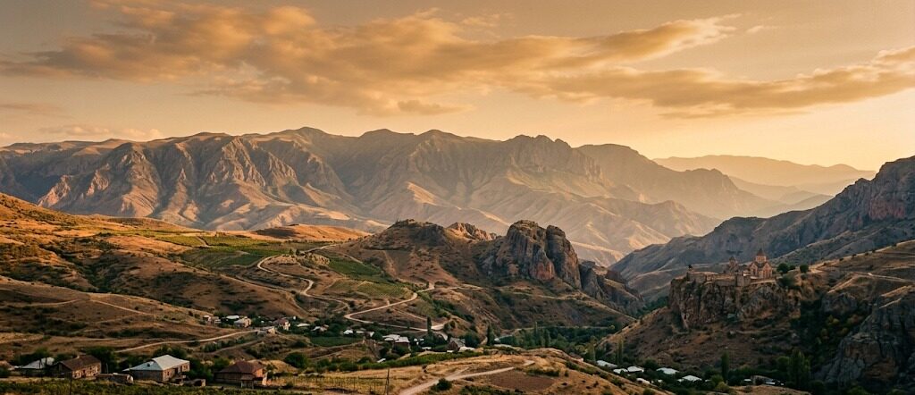A wide valley of dry hills and villages under a low evening sun