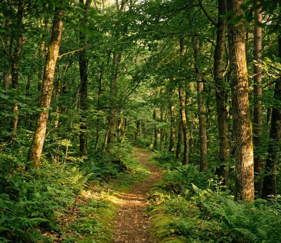 A narrow path through dense green forest