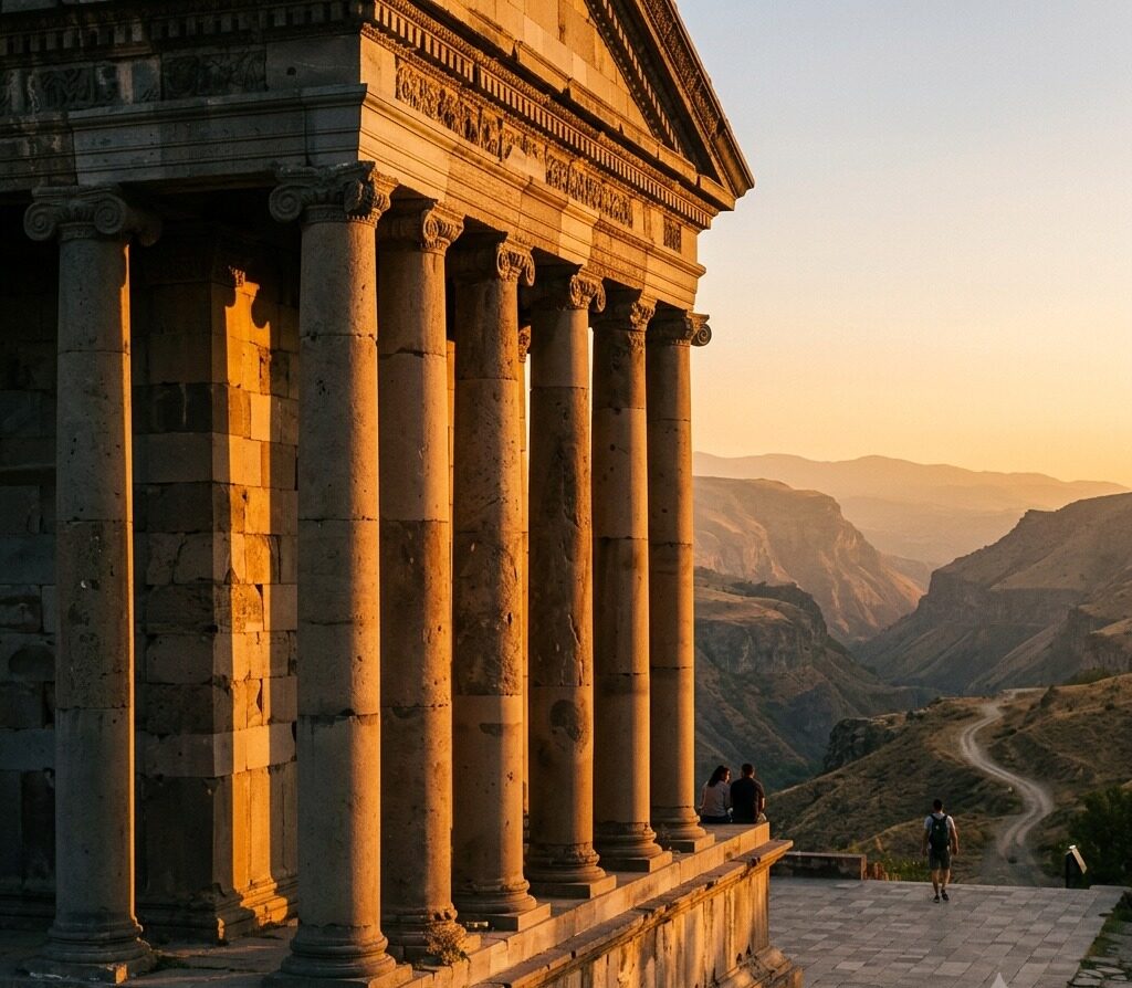 The corner of a columned stone temple at sunset, a path and a gorge below
