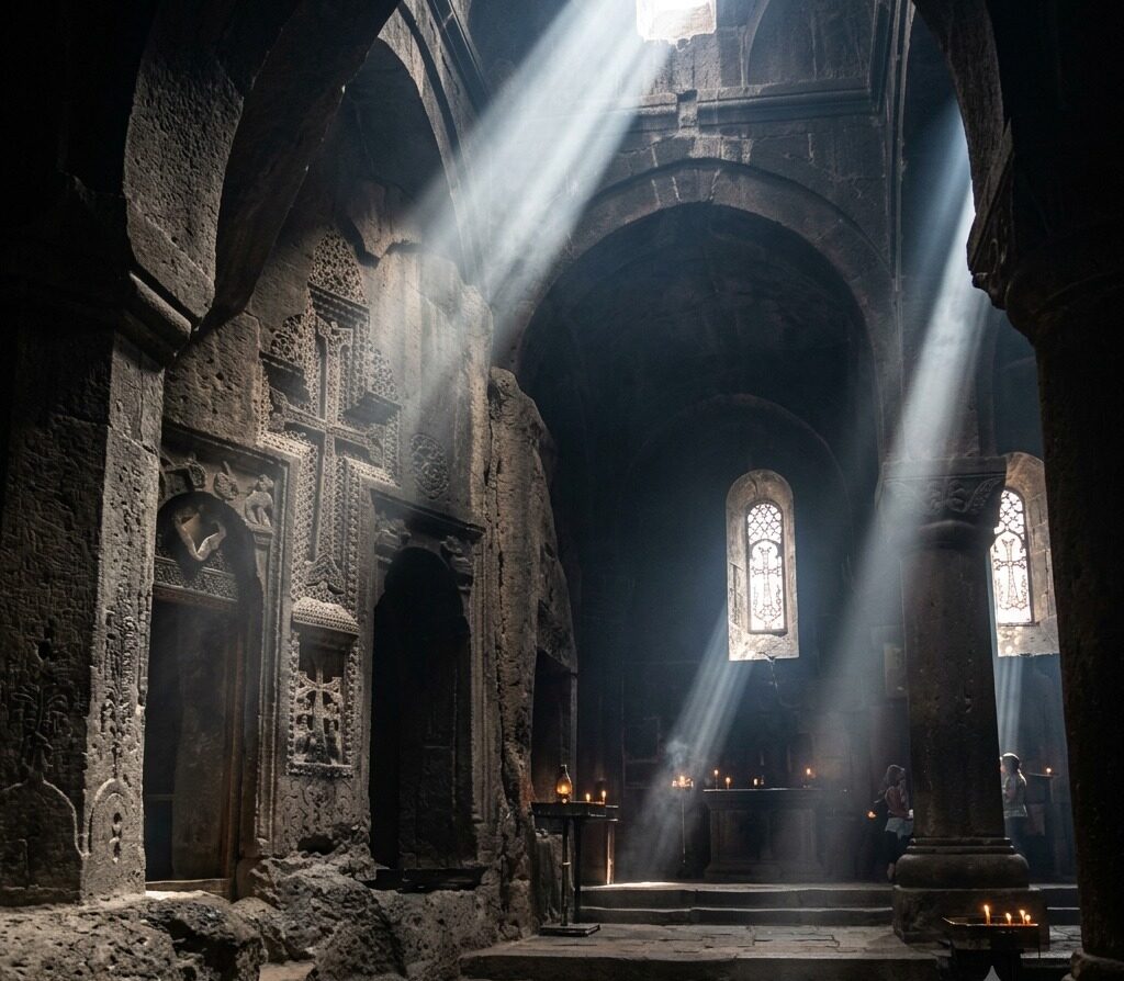 Shafts of light falling into a dark church cut from rock