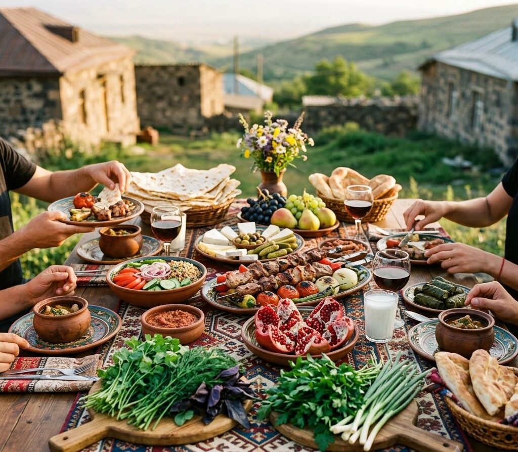 Hands reaching across an outdoor table laid with flatbread, herbs, grilled meat and wine