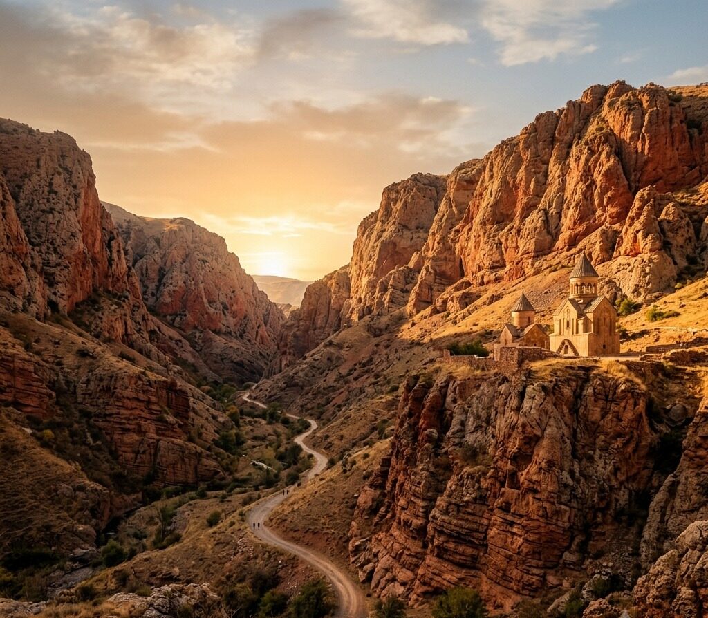 A road winding through a red canyon towards a small church on a ledge