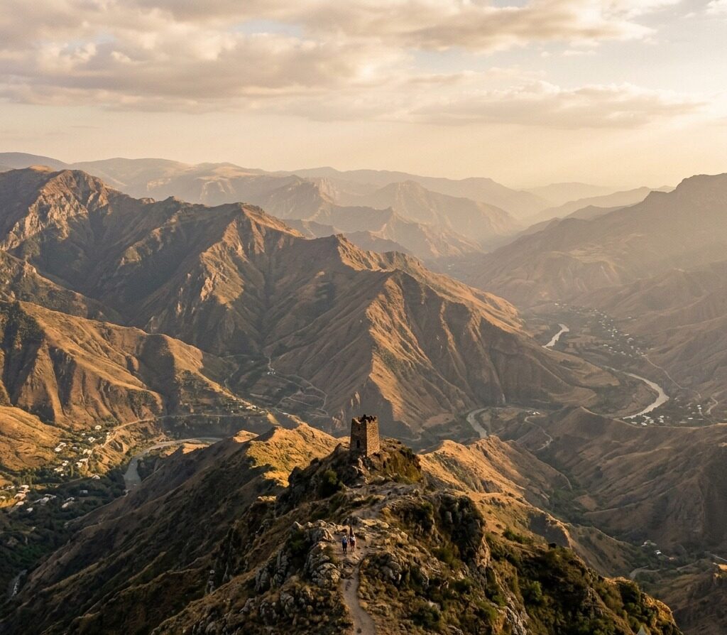 A small tower on a ridge above a river valley and mountains