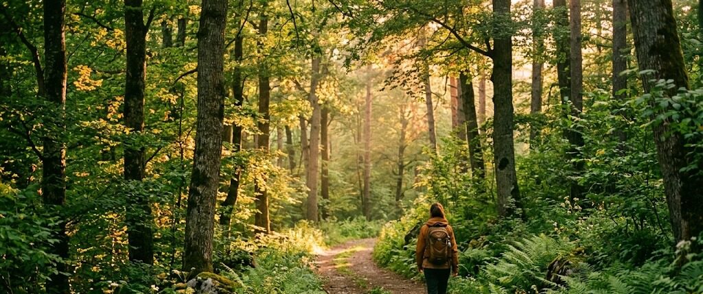 A walker with a backpack on a path through tall forest