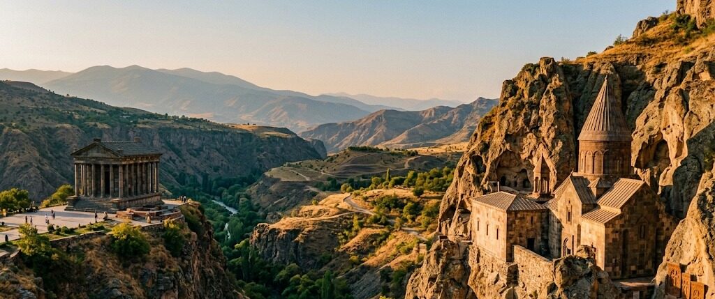 A columned temple on a cliff edge and a stone monastery built against a rock face, with a gorge between them