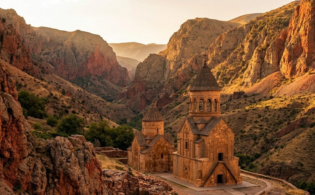 Two stone churches on a ledge in a canyon of red rock