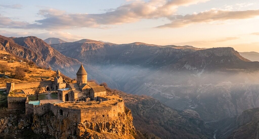 A walled monastery on the edge of a plateau above a misty gorge